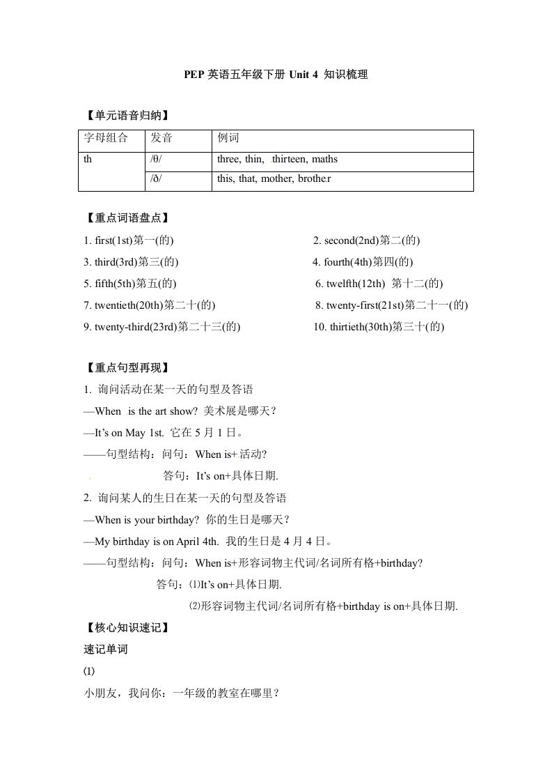五年级数学下册英语单元知识梳理-Unit4Whenistheartshow人教PEP