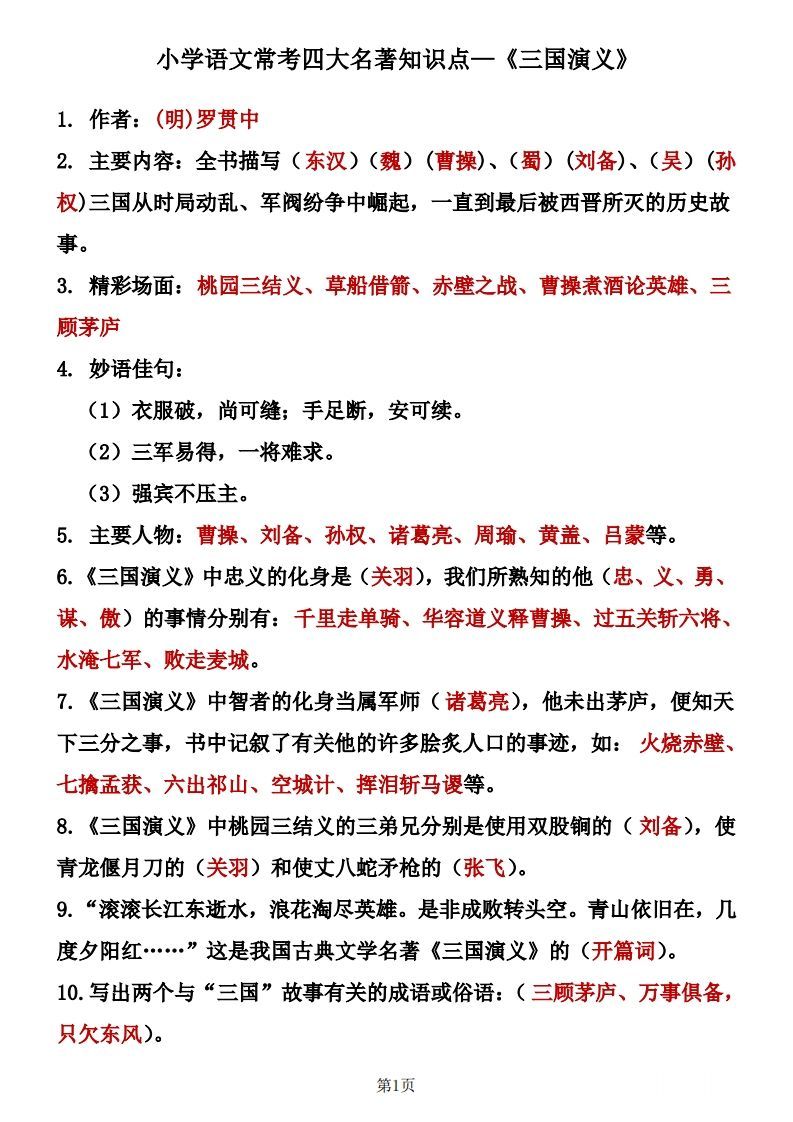 四大名著知识点汇总之《三国演义》