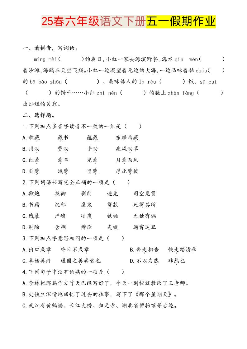 语文六下五一假期练习