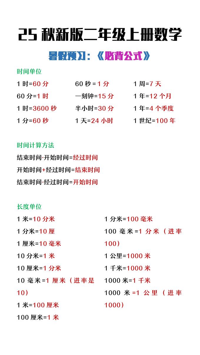 【2025秋新版】二年级上册数学暑假必背公式