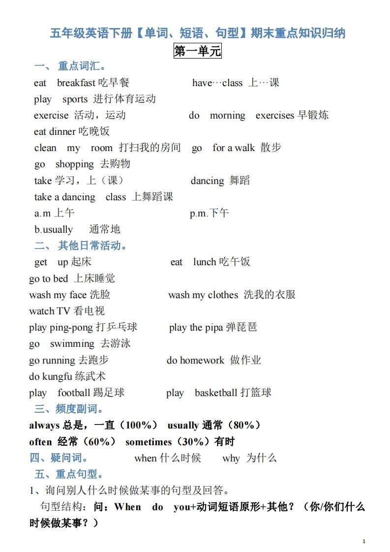 五年级英语下册素材-单词、短语、句型期末重点知识归纳（人教PEP版）