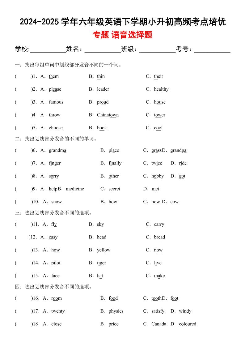 小升初英语【2024-2025学年高频·考点专题01语音选择题】