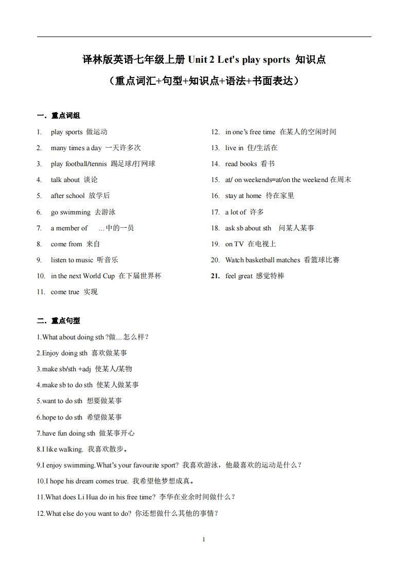 译林版英语七年级上册Unit2Let’splaysports知识点_