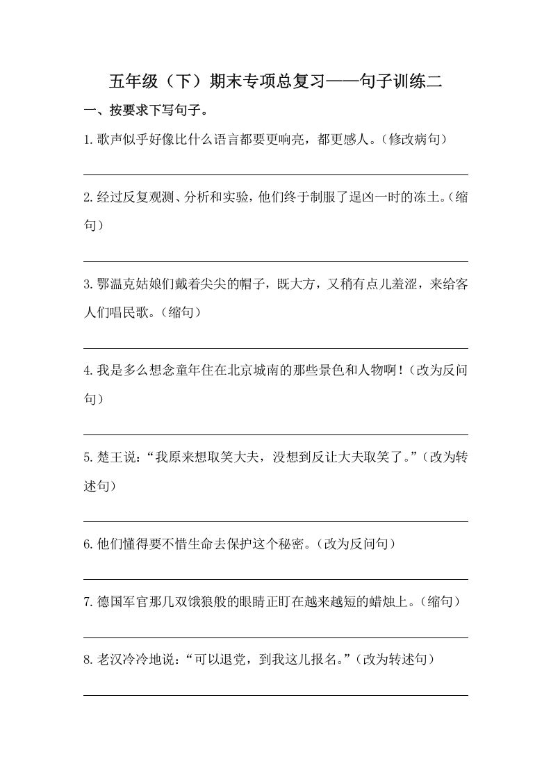 五年级语文下册期末句子训练专项训练（二）（含答案）（部编版）