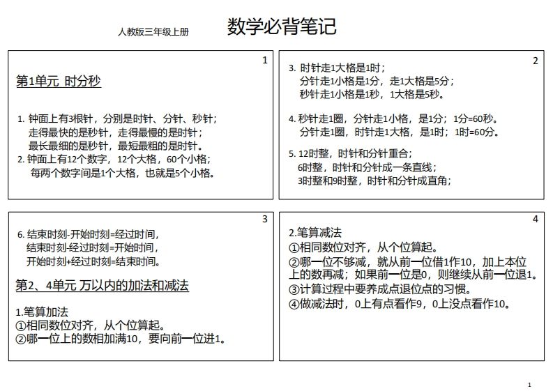 【人教三年级】数学上册必背笔记