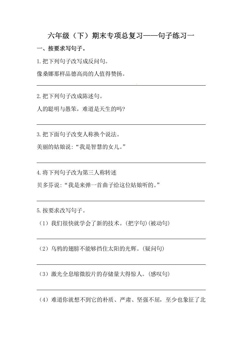 六年级语文下册期末句子专项训练（一）（含答案）（部编版）