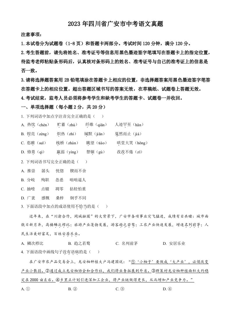 2023年四川省广安市中考语文真题（空白卷）