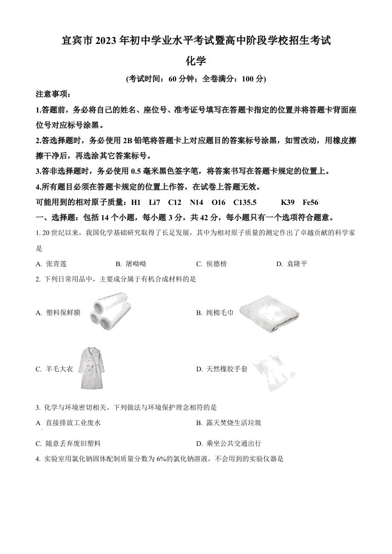 2023年四川省宜宾市中考化学真题（空白卷）