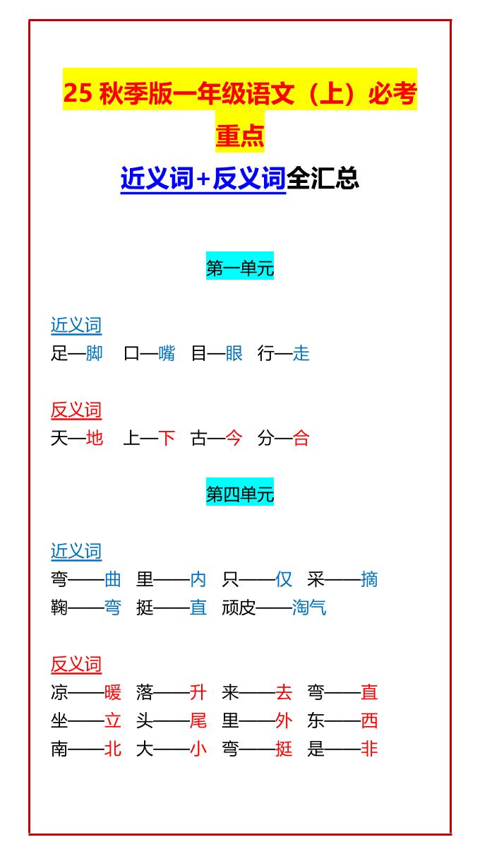 【2025秋新版】一年级语文上必考重点近义词+反义词全汇总