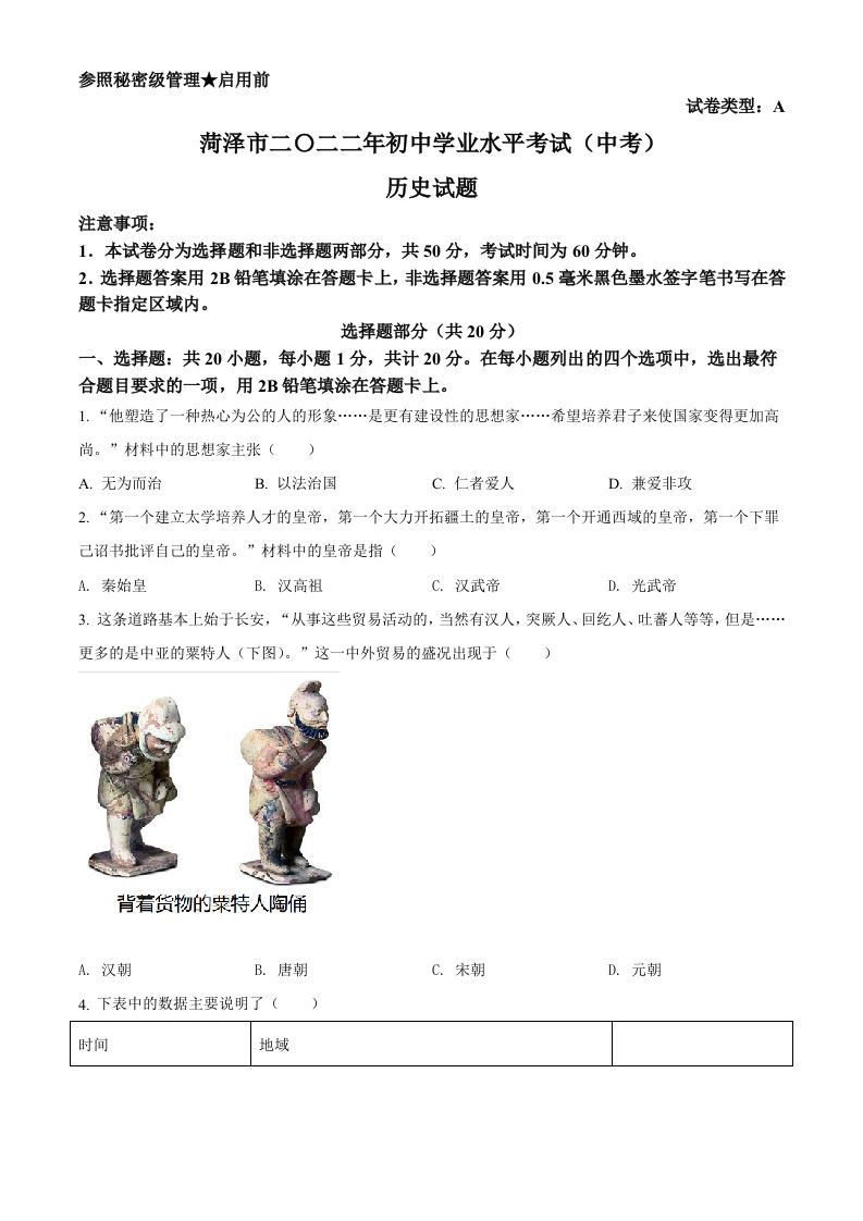 2022年山东省菏泽市中考历史真题（空白卷）