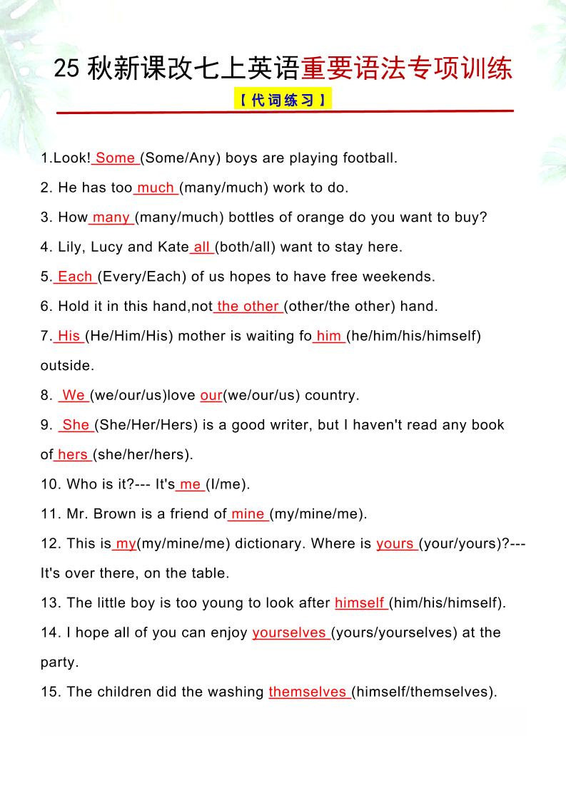 【2025秋新版】七上英语重要语法专项训练