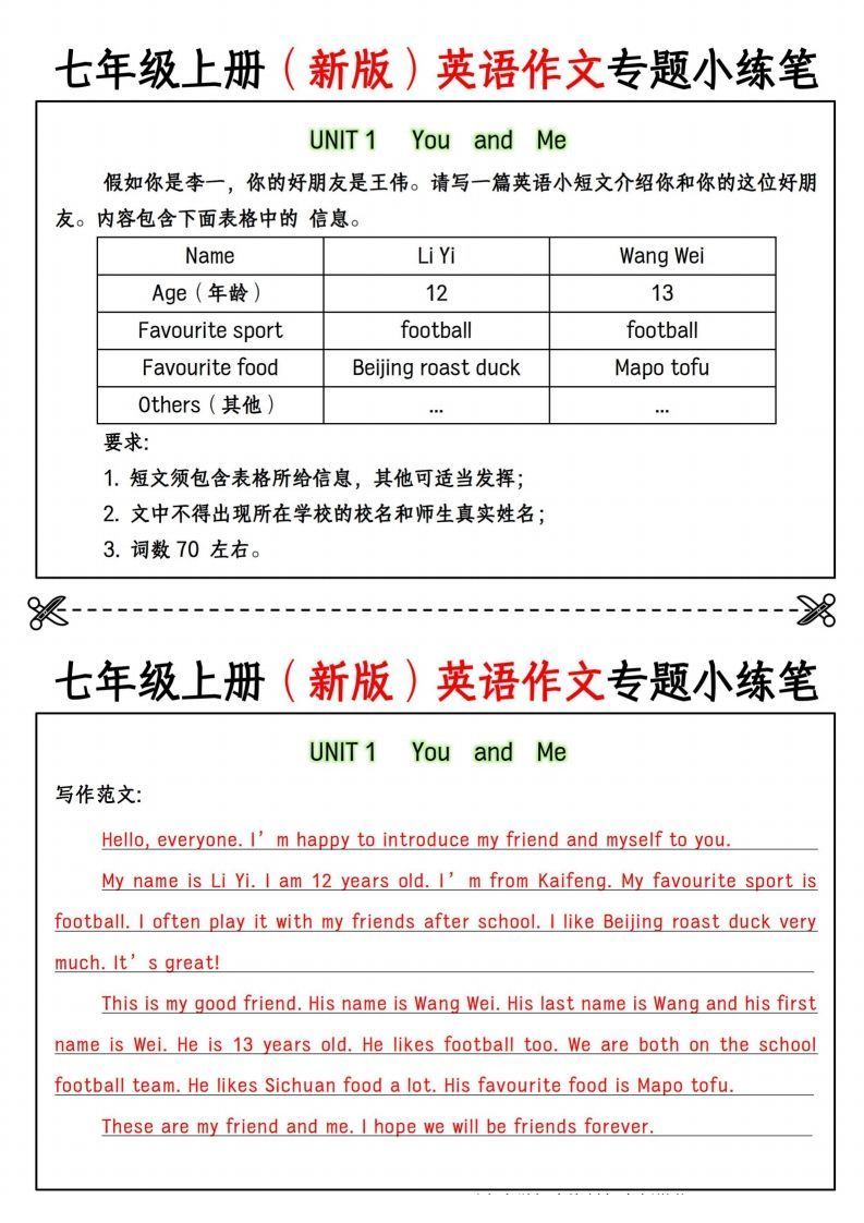 七年级上册（新版）英语作文专题小练笔