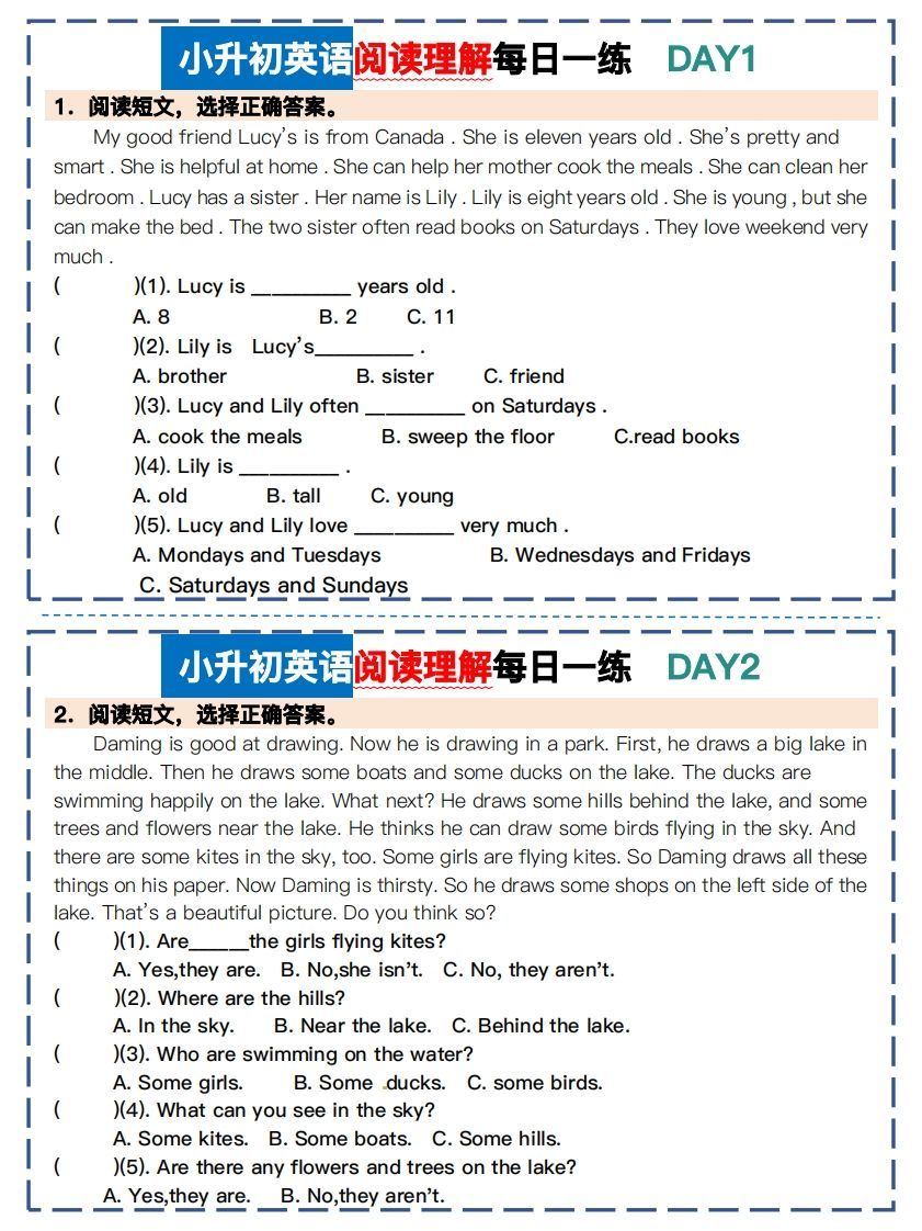 小升初英语阅读理解每日一练