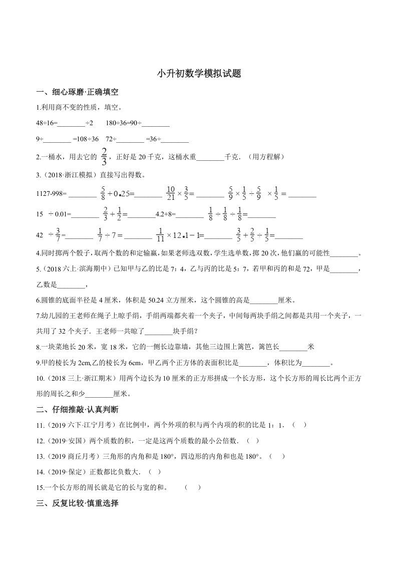 六年级数学下册小升初模拟试题（20）苏教版（含解析）