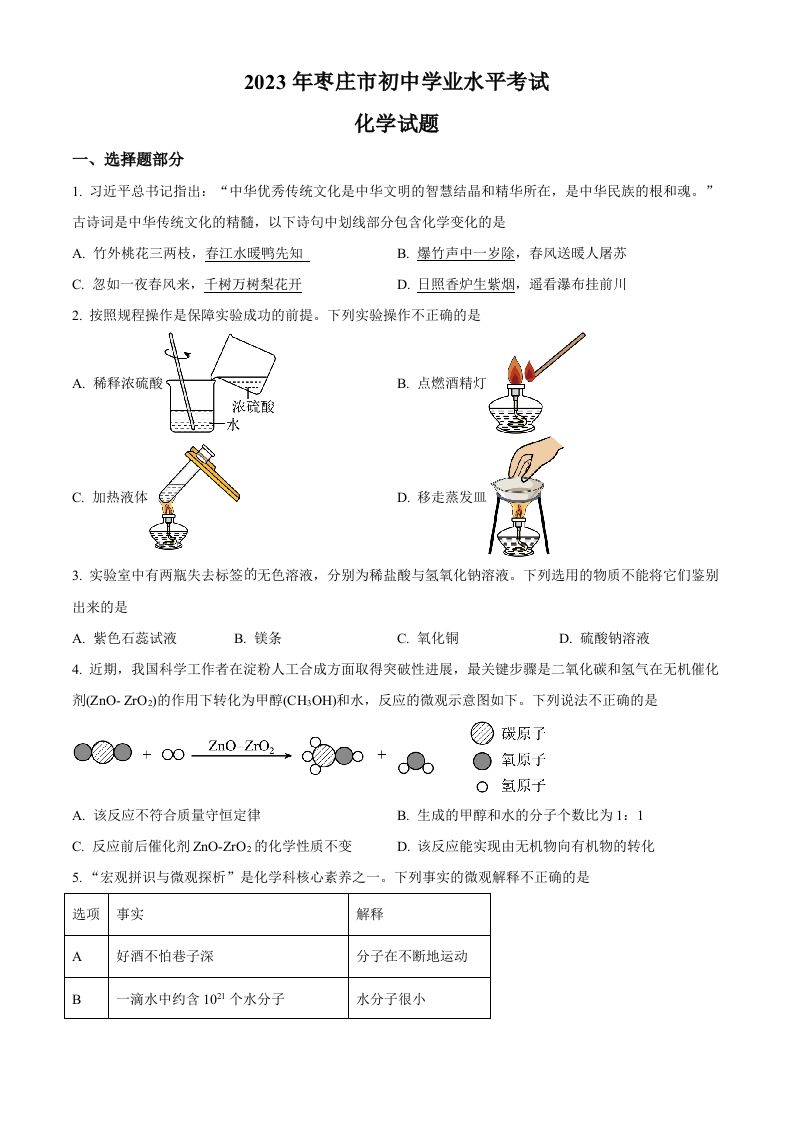 2023年山东省枣庄市中考化学真题（空白卷）