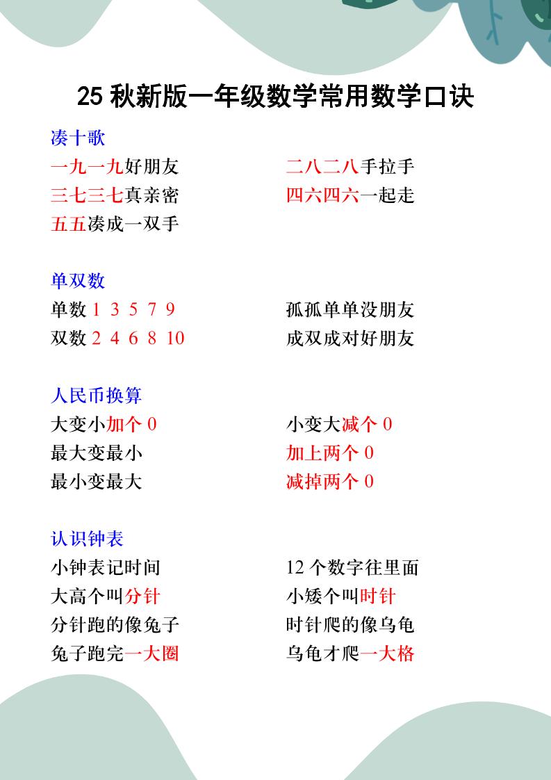【2025秋新版】一年级数学常用数学口诀-一上数学