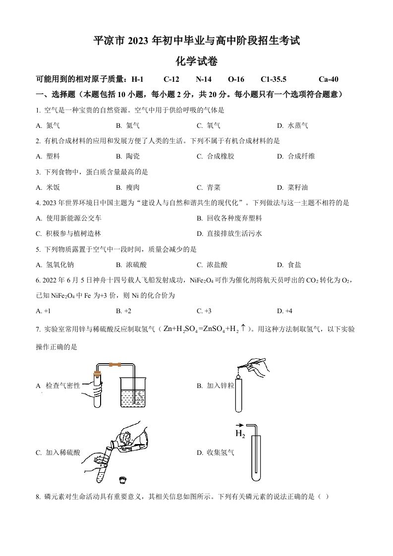2023年甘肃省平凉市中考化学真题（空白卷）