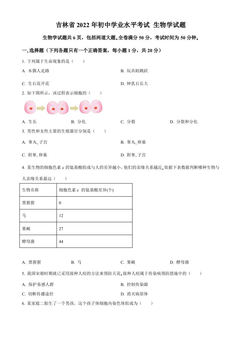2022年吉林省大安市中考生物真题（空白卷）(1)