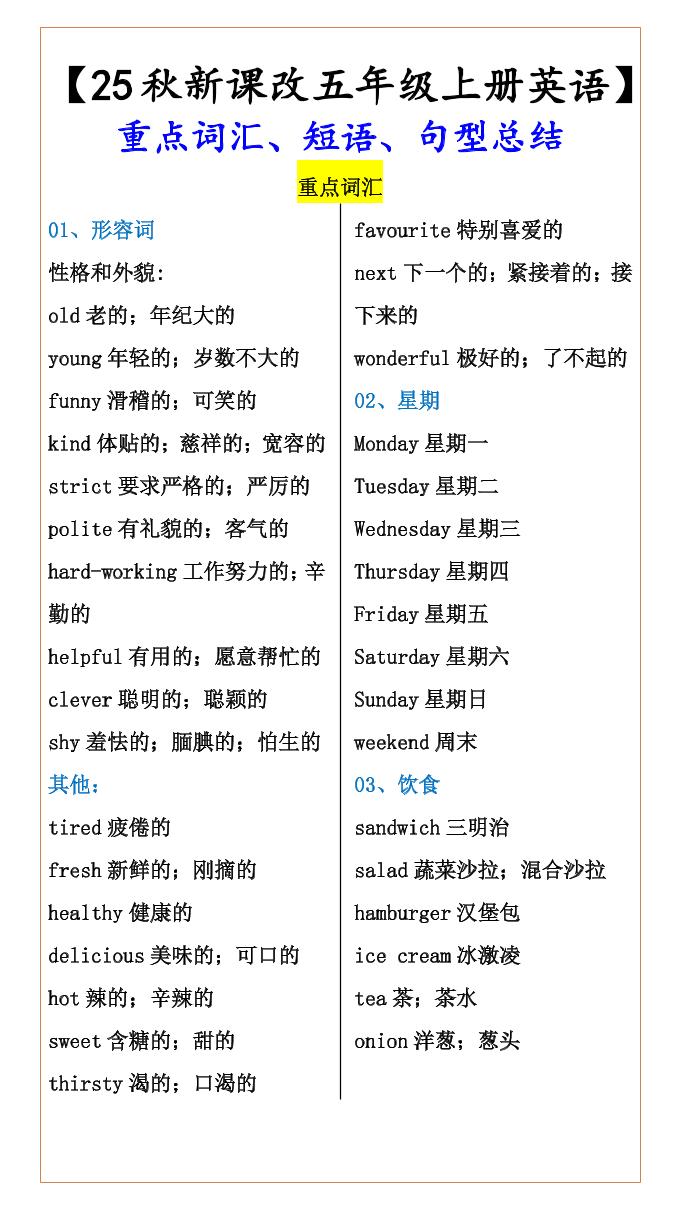 【2025秋新版】【五年级上册英语】重点词汇、短语、句型总结