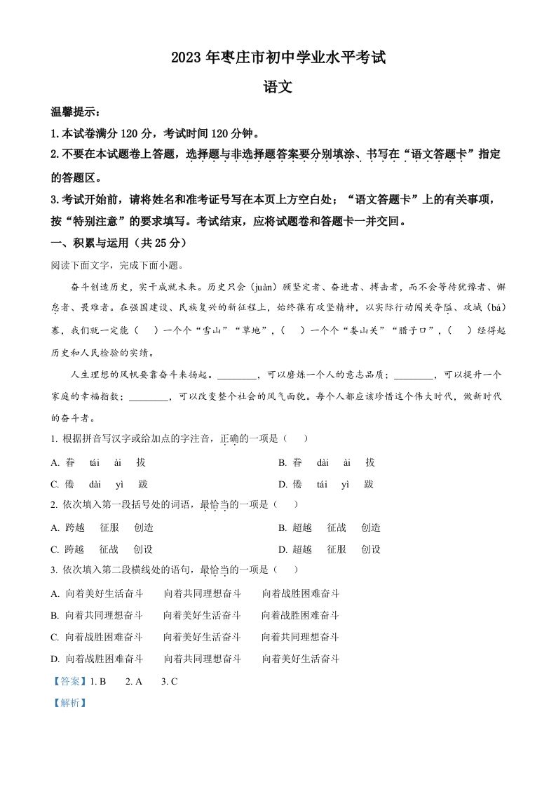 2023年山东省枣庄市中考语文真题（含答案）