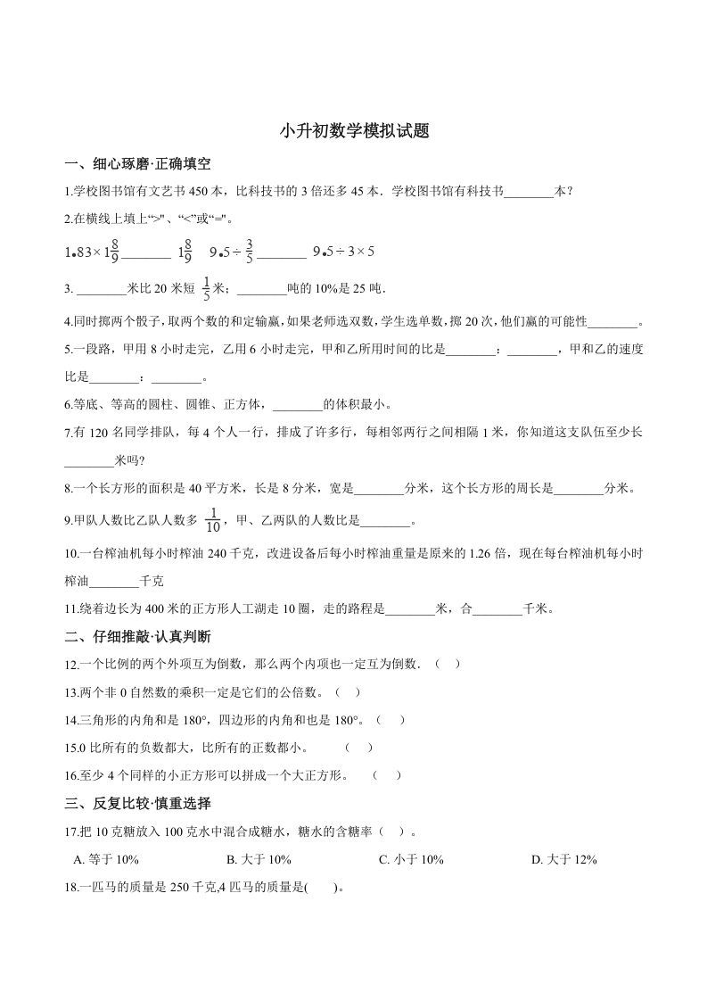 六年级数学下册小升初模拟试题（23）苏教版（含解析）