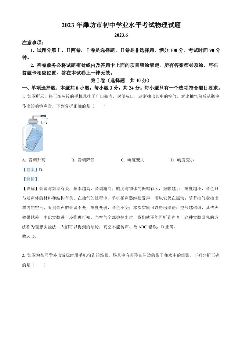 2023年山东省潍坊市中考物理真题（含答案）