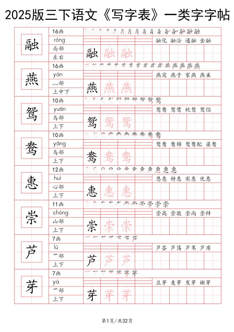 25版三下语文《写字表》一类字字帖32页