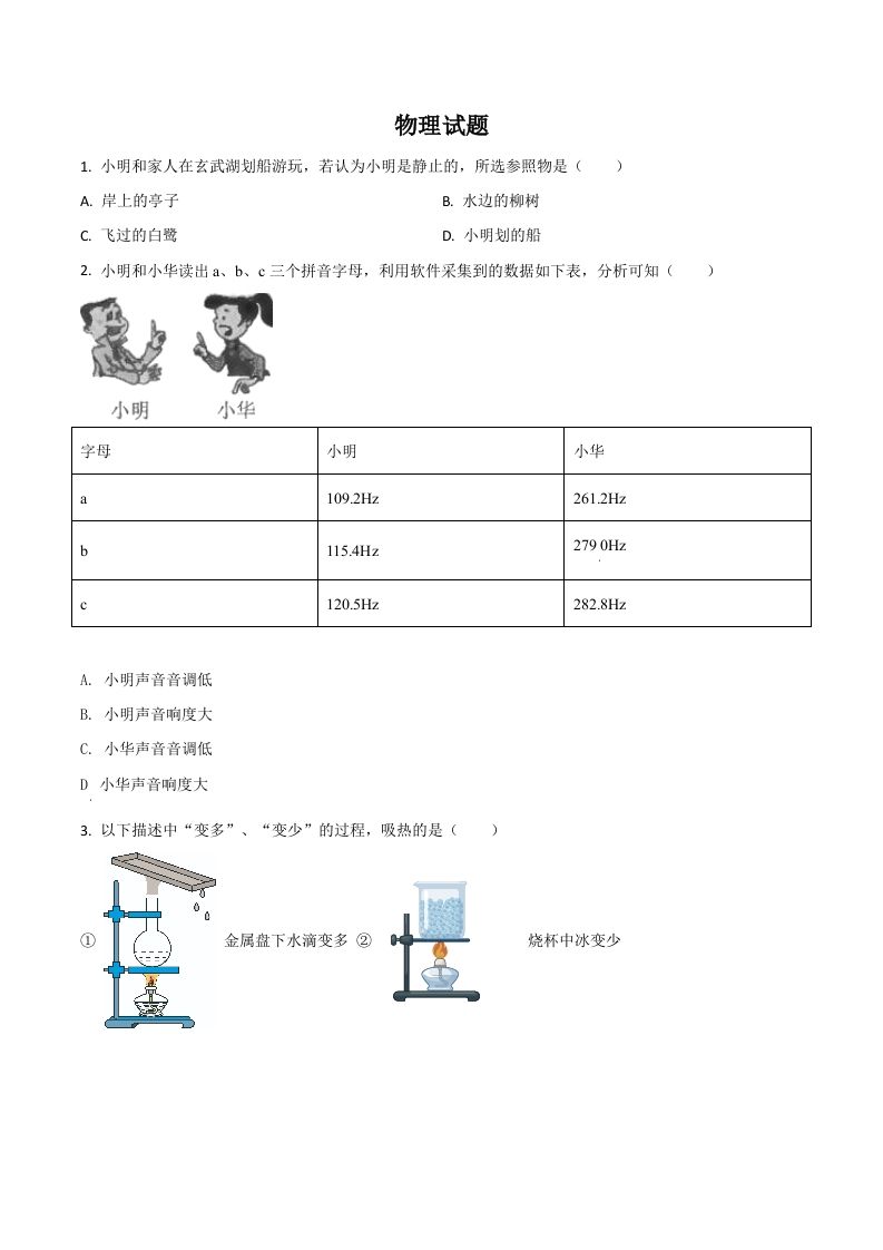 江苏省南京市2021年中考物理试题（空白卷）