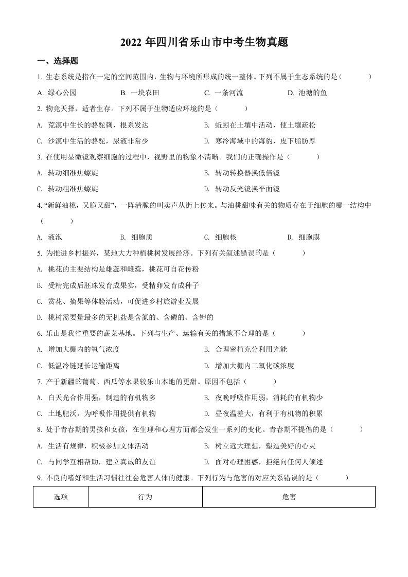2022年四川省乐山市中考生物真题（空白卷）