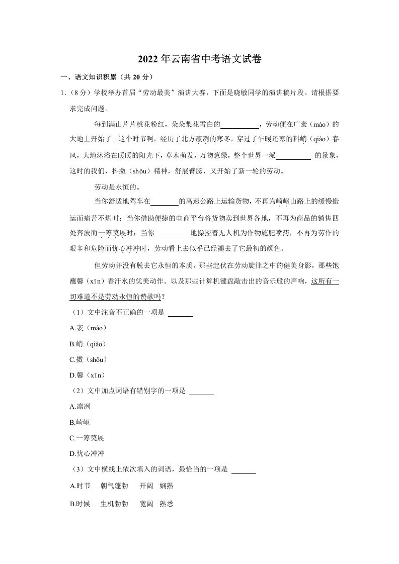 2022年云南省中考语文真题