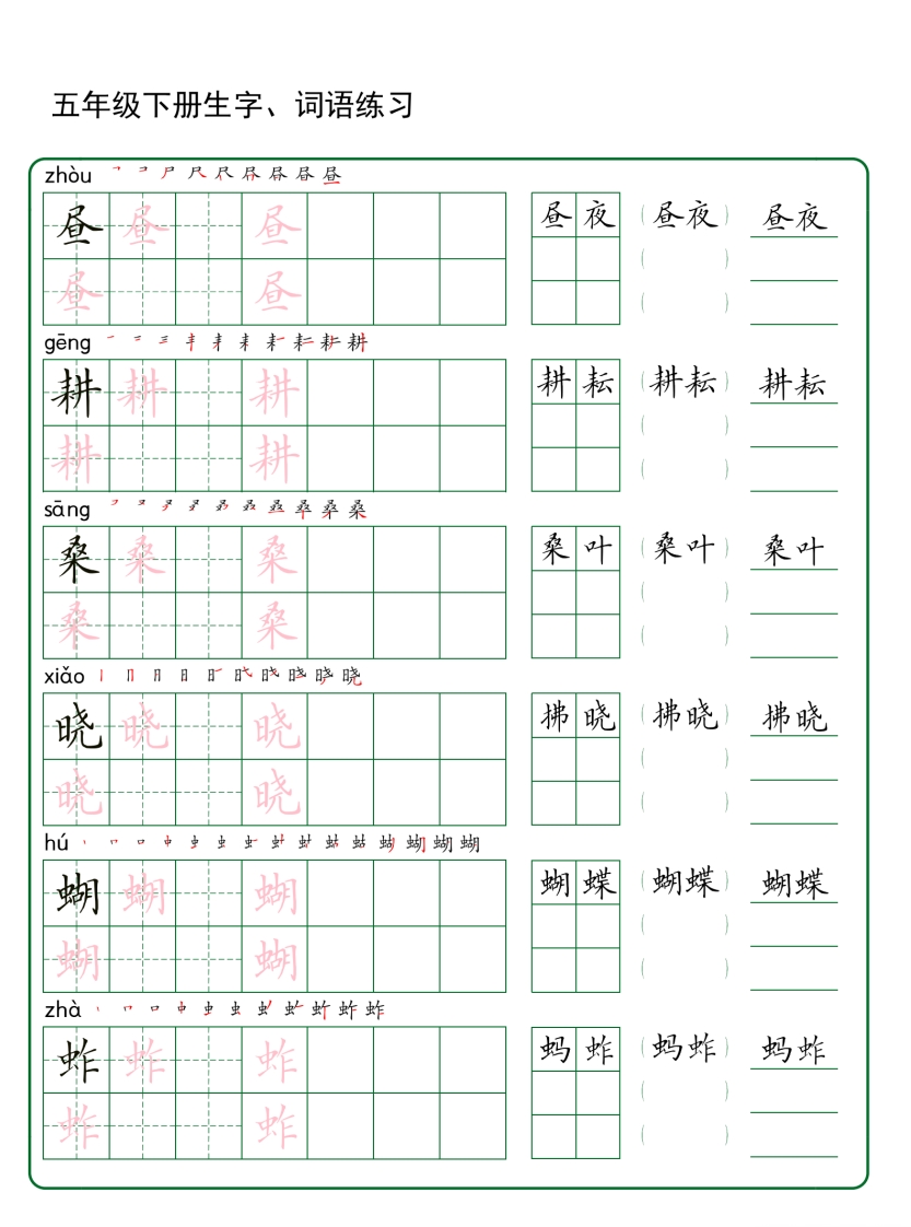 五年级下册语文生字词语练字（30页秋版）