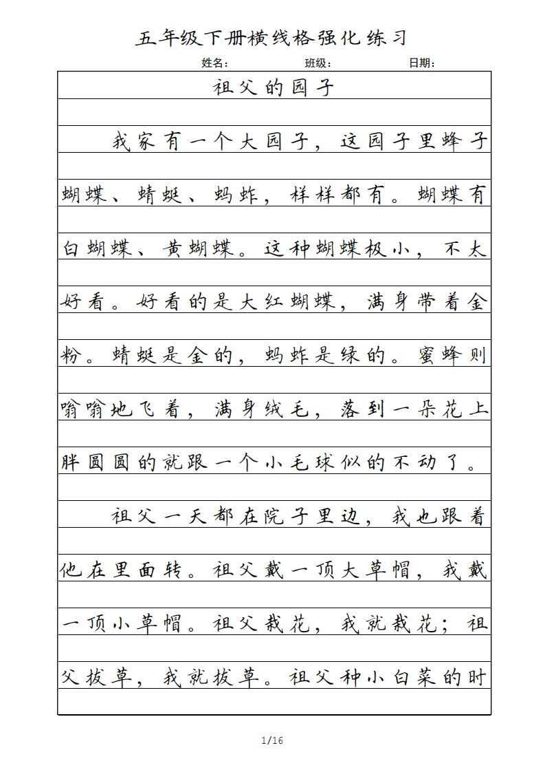 五年级语文下册横线格（部编版）