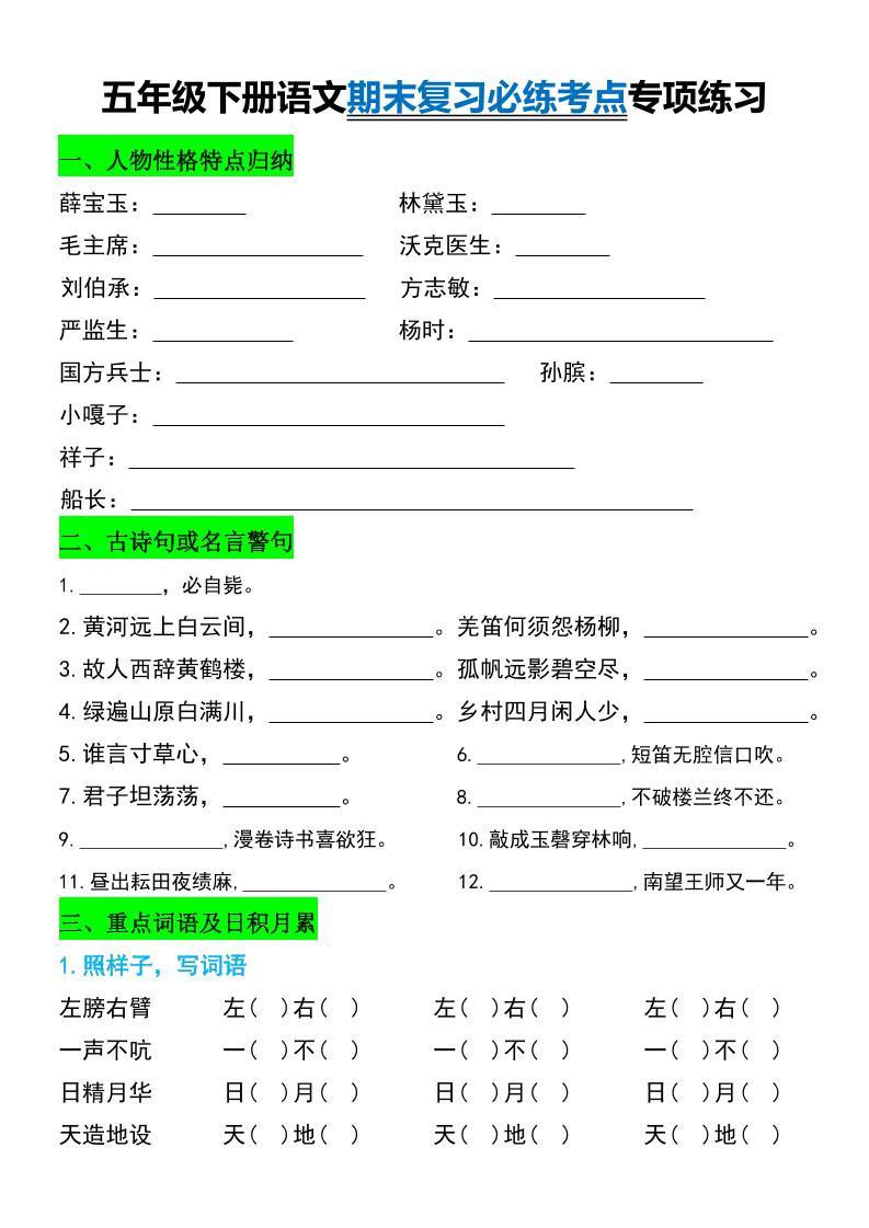 五年级下册语文期末复习必练考点专项练习