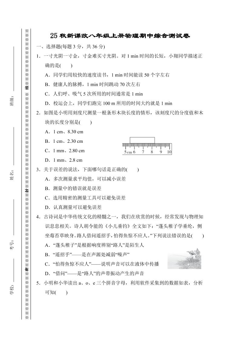 【2025秋新版】八年级上册物理期中综合测试卷