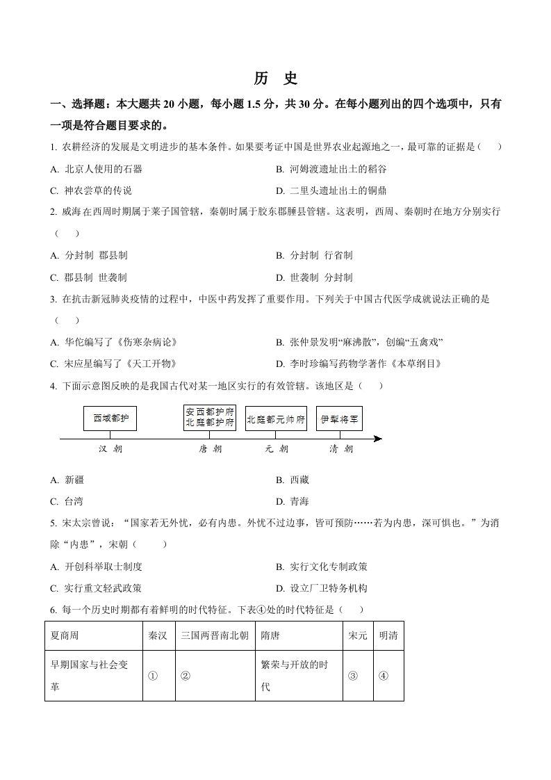 2022年山东省威海市中考历史真题（空白卷）