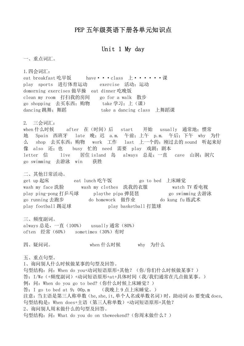 五年级英语下册五英下知识点21页（人教PEP版）