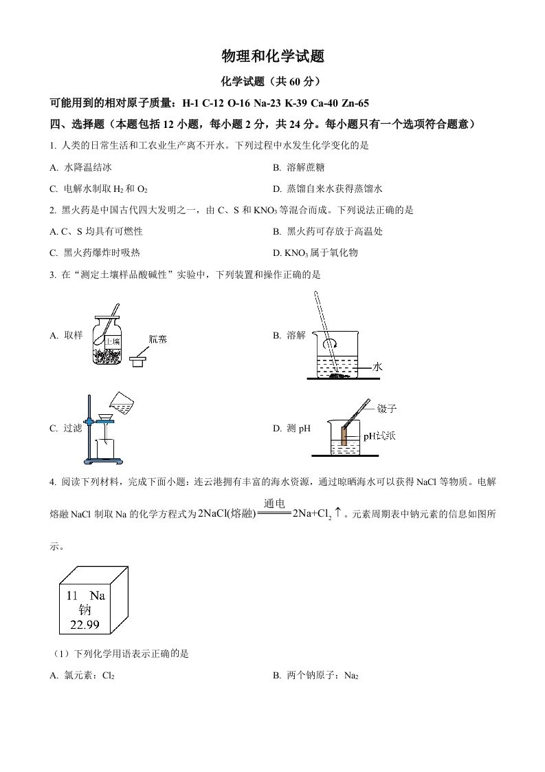 2024年江苏省连云港市中考化学真题（空白卷）