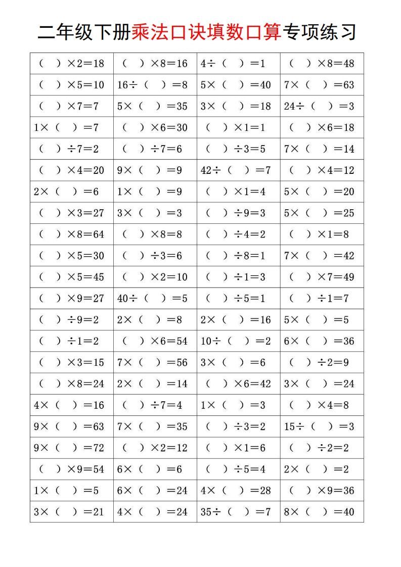 二下数学【乘法口诀和混合运算专项练习】
