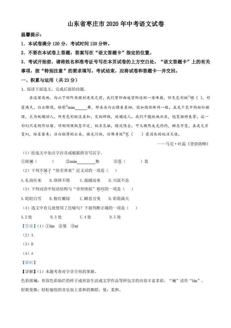 山东省枣庄市2020年中考语文试题（含答案）