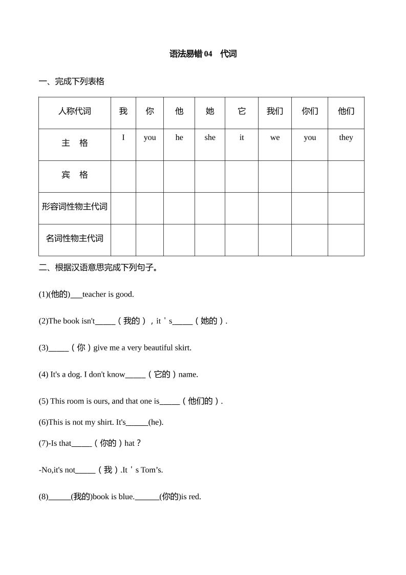 语法易错04代词【2025小升初英语语法易错专练】