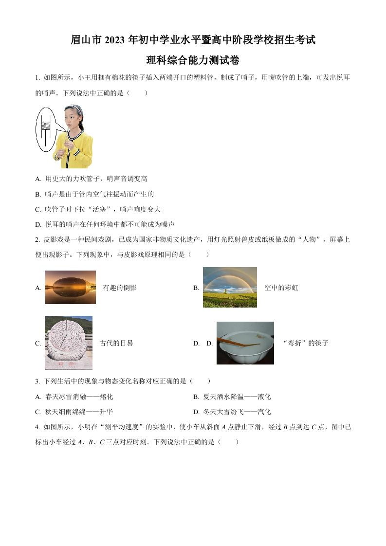 2023年四川省眉山市中考理综物理试题（空白卷）