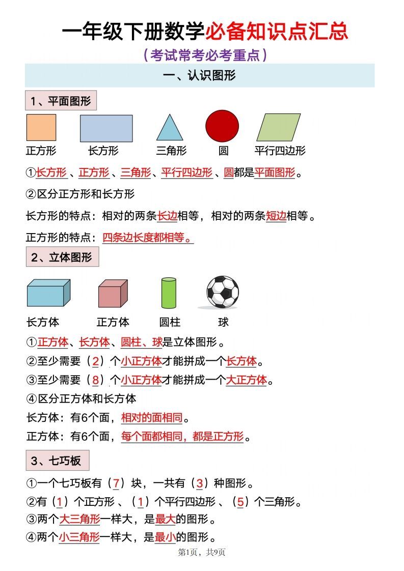 数学一年级下册必背知识点汇总