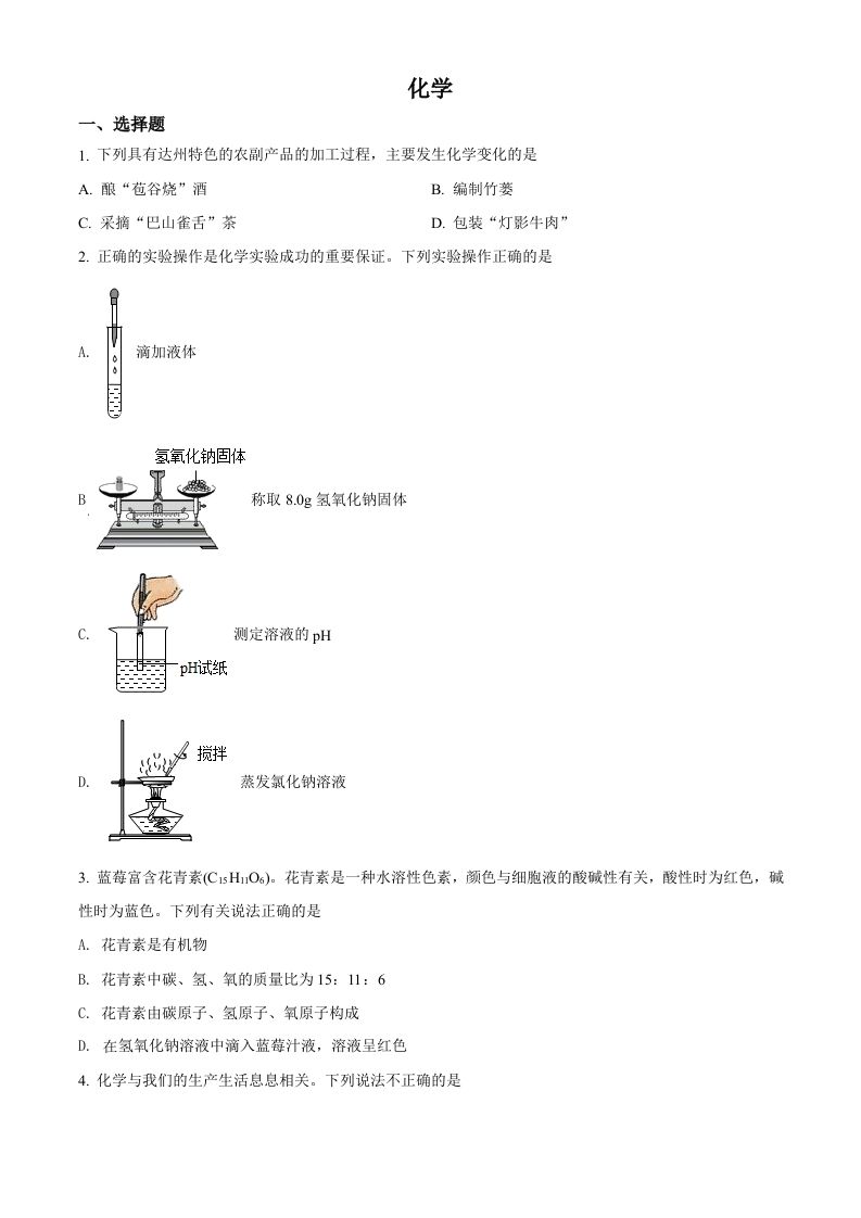 2022年四川省达州市中考化学真题（空白卷）