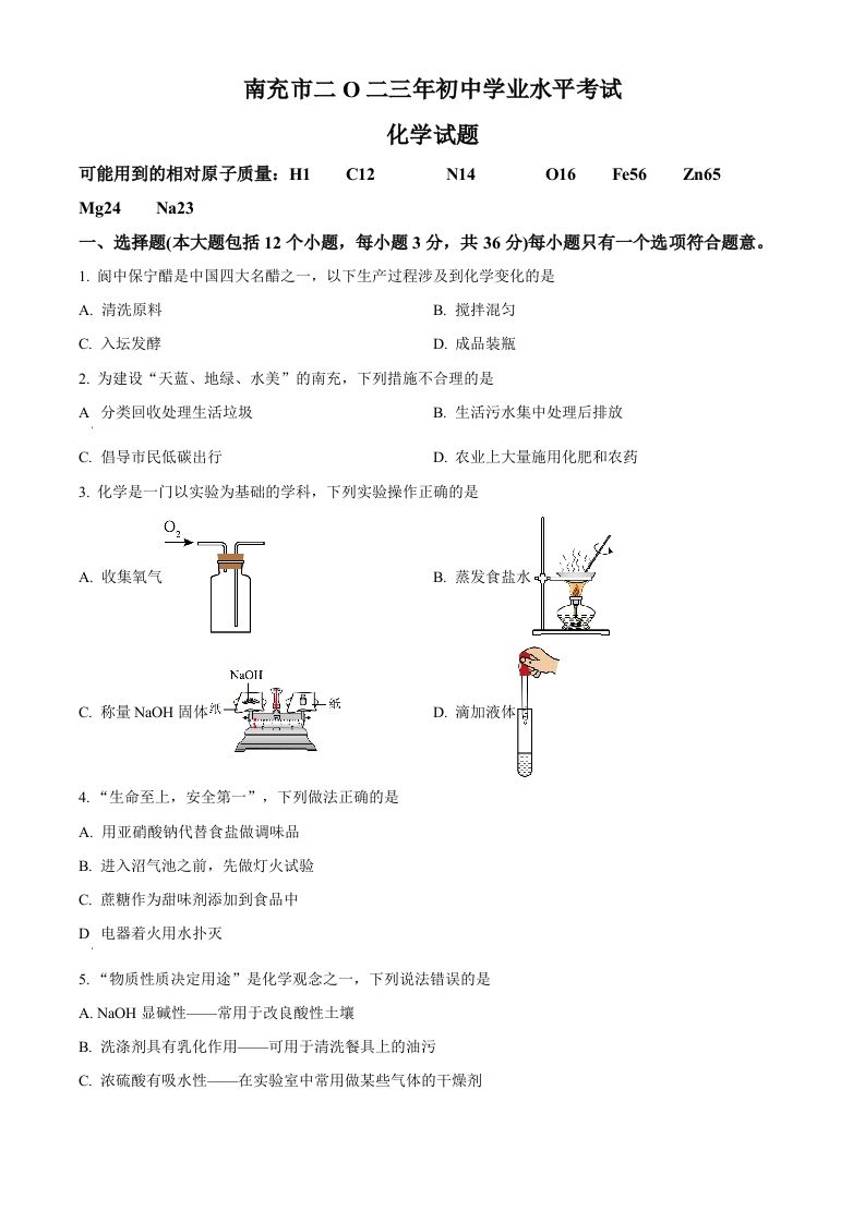 2023年四川省南充市中考化学真题（空白卷）