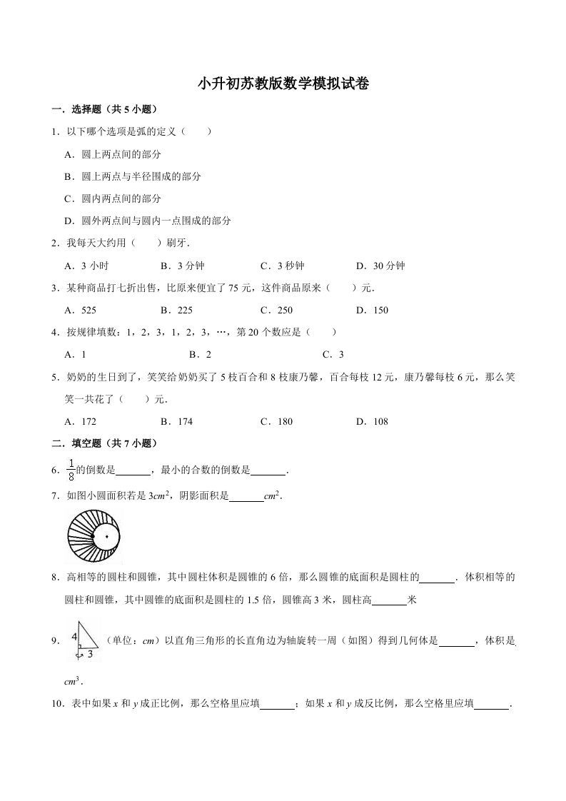 六年级数学下册小升初模拟试题（9）苏教版（含解析）