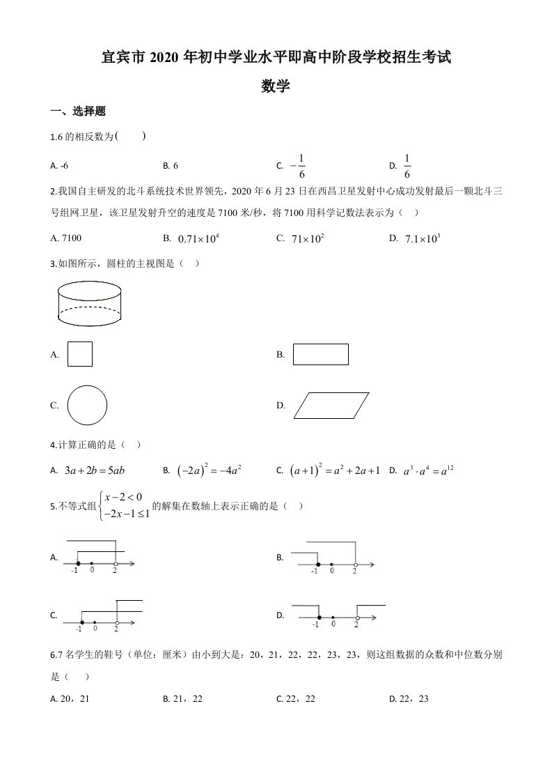 四川省宜宾市2020年中考数学试题（空白卷）