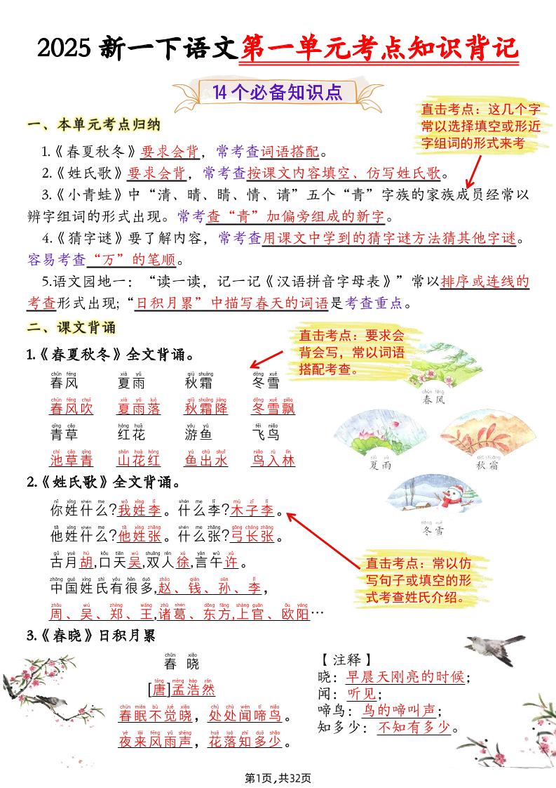 新一下语文1-8单元考点知识背记（32页）
