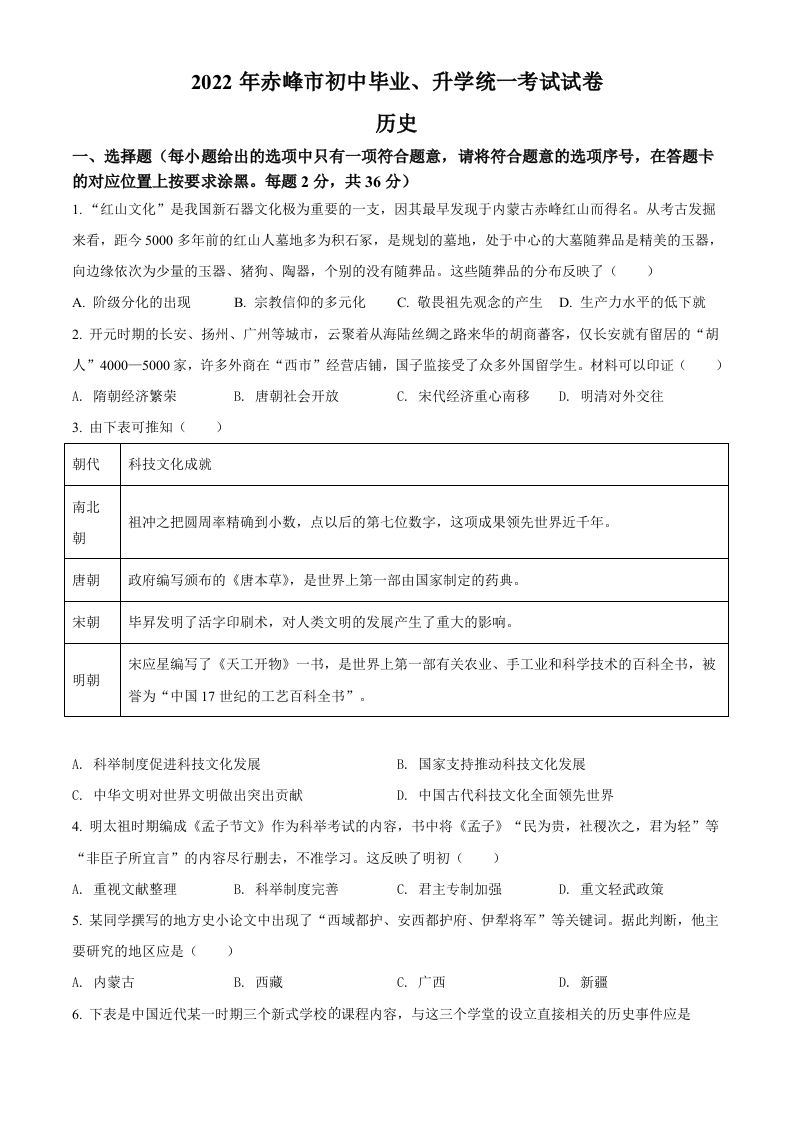2022年内蒙古赤峰市中考历史真题（空白卷）