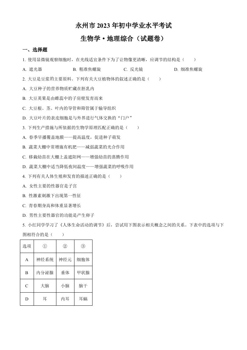 2023年湖南省永州市中考生物真题（空白卷）