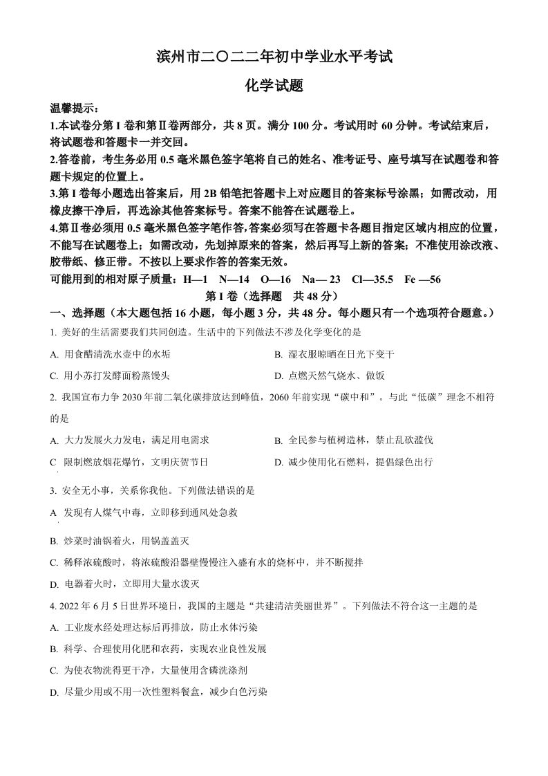 2022年山东省滨州市中考化学真题（空白卷）